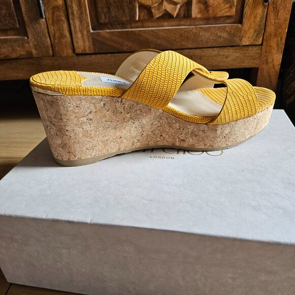 JIMMY CHOO Yellow Leather Cork Wedge Sandal [In Box] - Picture 5 of 11